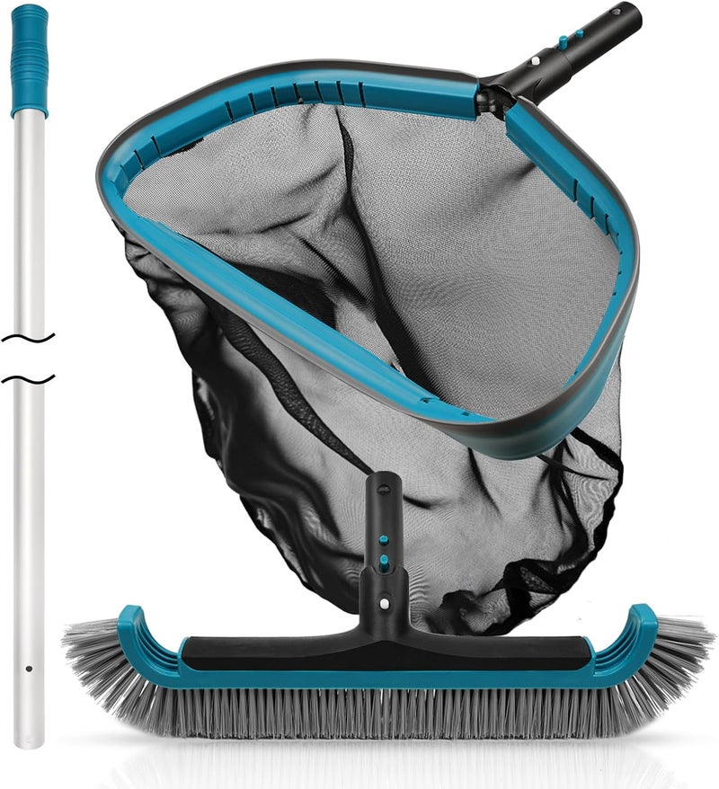 POOLWHALE Swimming Pool Cleaning Kit - Aluminum Frame Skimmer Net with 10Ft Adjustable Pole & 17.5” Pool Brush Head, Pools Maintenance Kits for Inground & Above Ground Swimming Pools, Removes Debris - Image 1